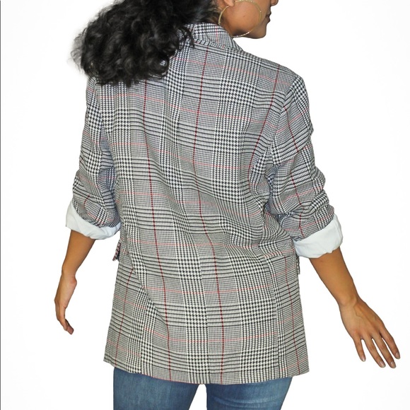 PLAID RUCHED SLEEVE BOYFRIEND BLAZER WITH POCKETS - Picture 4 of 5